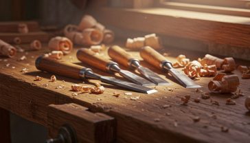 A hyper-realistic, professional photograph showing a set of four high-quality wood chisels neatly arranged on a rustic, oil-finished oak workbench. Soft, warm light from a low-angled window illuminates the scene, highlighting the mirror-polished steel blades and the rich grain of the dark hornbeam handles. In the background, golden-brown wood shavings are scattered, and a half-finished dovetail joint is subtly visible but out of focus. The mood is one of quiet British craftsmanship, precision, and timeless quality, in the style of a high-end tool catalogue or a feature in The English Home magazine.