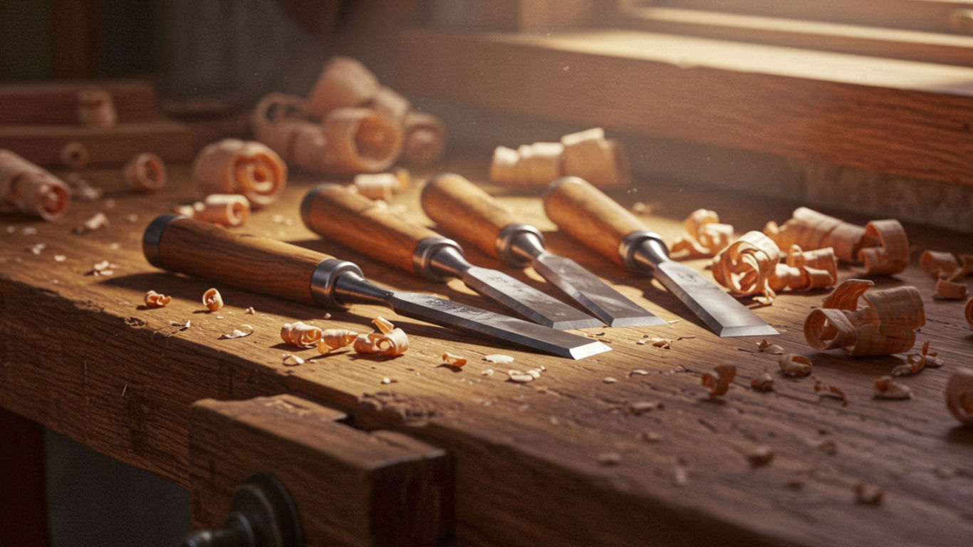 A hyper-realistic, professional photograph showing a set of four high-quality wood chisels neatly arranged on a rustic, oil-finished oak workbench. Soft, warm light from a low-angled window illuminates the scene, highlighting the mirror-polished steel blades and the rich grain of the dark hornbeam handles. In the background, golden-brown wood shavings are scattered, and a half-finished dovetail joint is subtly visible but out of focus. The mood is one of quiet British craftsmanship, precision, and timeless quality, in the style of a high-end tool catalogue or a feature in The English Home magazine.