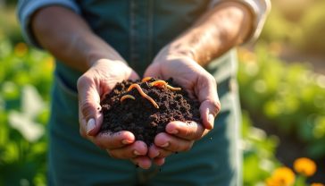 A hyper-realistic, professional photograph in the style of a Gardens Illustrated magazine feature. The image shows a middle-aged British gardener with weathered hands gently holding a handful of dark, crumbly, humus-rich soil, with a few healthy earthworms visible. In the background, a lush and vibrant UK allotment garden is slightly out of focus under the soft, golden light of a late afternoon sun. The scene evokes a sense of deep connection to the earth, health, and natural harmony. The mood is peaceful, authentic, and inspiring.