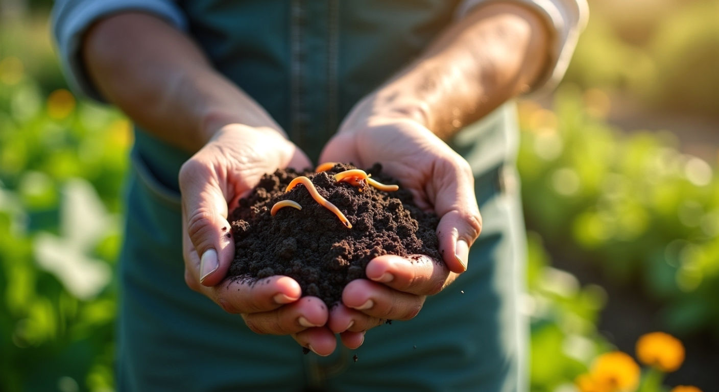 A hyper-realistic, professional photograph in the style of a Gardens Illustrated magazine feature. The image shows a middle-aged British gardener with weathered hands gently holding a handful of dark, crumbly, humus-rich soil, with a few healthy earthworms visible. In the background, a lush and vibrant UK allotment garden is slightly out of focus under the soft, golden light of a late afternoon sun. The scene evokes a sense of deep connection to the earth, health, and natural harmony. The mood is peaceful, authentic, and inspiring.