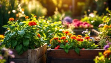 A hyper-realistic, professional photograph in the style of a Gardeners' World magazine feature. The image captures a sun-dappled British allotment in early summer. In the foreground, a rustic wooden raised bed is overflowing with life: vibrant red tomatoes are intertwined with fragrant, bushy basil plants, and a border of bright orange French marigolds lines the edge. In the background, lush rows of lettuces are visible next to feathery carrot tops and tall leeks. A few honeybees are buzzing around some borage flowers. The lighting is soft and warm, evoking a gentle morning glow. The overall mood is abundant, healthy, and quintessentially British.