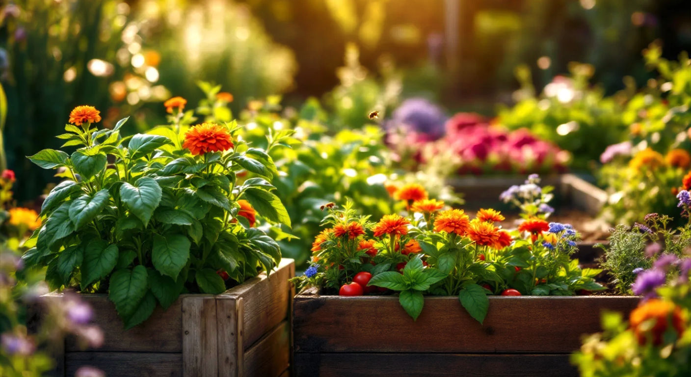 A hyper-realistic, professional photograph in the style of a Gardeners' World magazine feature. The image captures a sun-dappled British allotment in early summer. In the foreground, a rustic wooden raised bed is overflowing with life: vibrant red tomatoes are intertwined with fragrant, bushy basil plants, and a border of bright orange French marigolds lines the edge. In the background, lush rows of lettuces are visible next to feathery carrot tops and tall leeks. A few honeybees are buzzing around some borage flowers. The lighting is soft and warm, evoking a gentle morning glow. The overall mood is abundant, healthy, and quintessentially British.