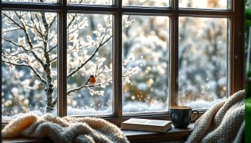 A hyper-realistic photograph in the style of a high-end British lifestyle magazine like Country Life. The shot is from inside a cosy room, looking out of a traditional wooden mullioned window. Outside, a classic English garden is blanketed in a soft, sparkling frost under the gentle morning light. A single, bright red robin is perched on a snow-dusted branch of a bare silver birch tree. Inside, the edge of a comfortable armchair with a thick, cream-coloured woollen throw is visible. On the deep wooden windowsill sits a steaming, dark ceramic mug of tea and an open, hardback book. There is light condensation on the corners of the window panes, enhancing the feeling of warmth inside and cold outside. The overall mood is peaceful, contemplative, and quintessentially British.