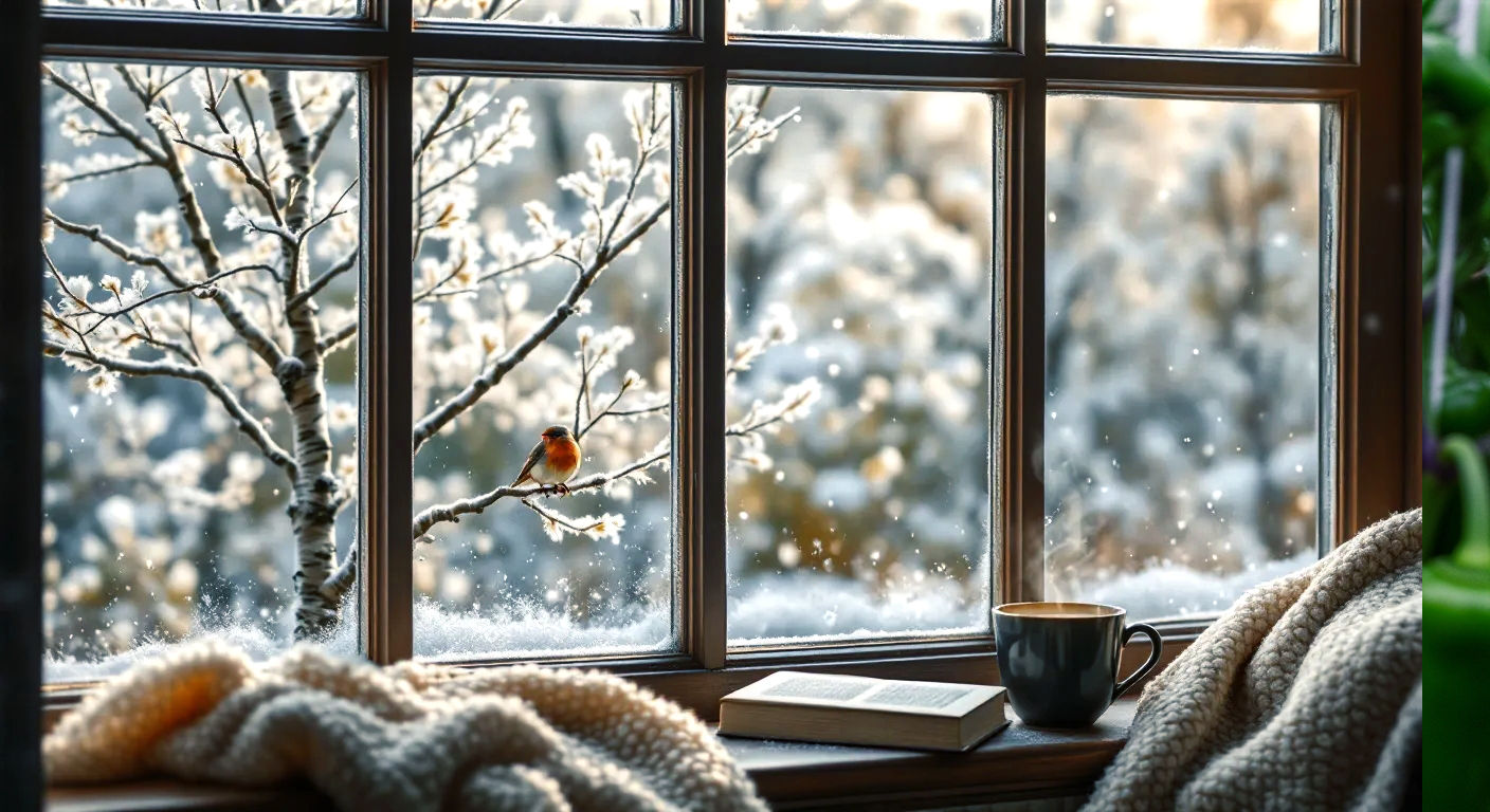 A hyper-realistic photograph in the style of a high-end British lifestyle magazine like Country Life. The shot is from inside a cosy room, looking out of a traditional wooden mullioned window. Outside, a classic English garden is blanketed in a soft, sparkling frost under the gentle morning light. A single, bright red robin is perched on a snow-dusted branch of a bare silver birch tree. Inside, the edge of a comfortable armchair with a thick, cream-coloured woollen throw is visible. On the deep wooden windowsill sits a steaming, dark ceramic mug of tea and an open, hardback book. There is light condensation on the corners of the window panes, enhancing the feeling of warmth inside and cold outside. The overall mood is peaceful, contemplative, and quintessentially British.