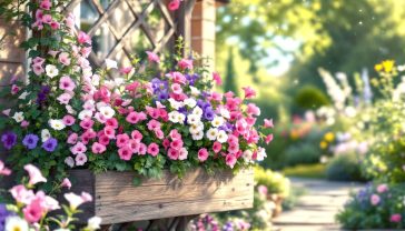 A hyper-realistic, professional photograph in the style of a Country Living magazine feature. The image showcases a beautifully crafted, weathered oak garden trellis planter box, overflowing with vibrant, climbing sweet peas in full bloom (shades of pink, purple, and white). The planter is positioned on a rustic stone patio, with a charming English cottage garden in the background, slightly out of focus. The scene is bathed in the soft, warm light of a late summer afternoon. The mood is tranquil, picturesque, and quintessentially British, with a colour palette of natural wood tones, soft floral pastels, and lush garden greens.