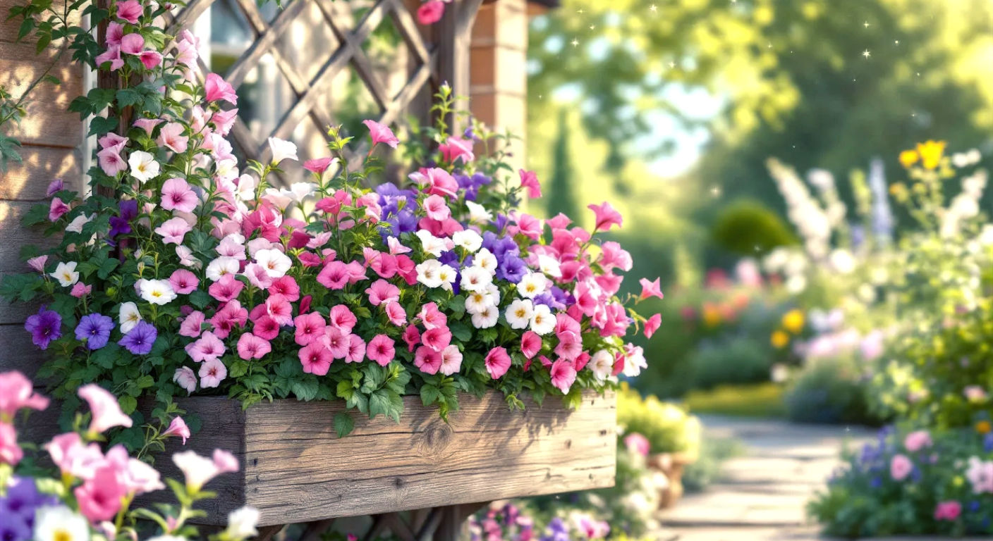 A hyper-realistic, professional photograph in the style of a Country Living magazine feature. The image showcases a beautifully crafted, weathered oak garden trellis planter box, overflowing with vibrant, climbing sweet peas in full bloom (shades of pink, purple, and white). The planter is positioned on a rustic stone patio, with a charming English cottage garden in the background, slightly out of focus. The scene is bathed in the soft, warm light of a late summer afternoon. The mood is tranquil, picturesque, and quintessentially British, with a colour palette of natural wood tones, soft floral pastels, and lush garden greens.