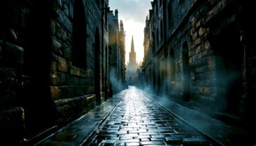 A hyper-realistic, professional photograph in the style of a National Geographic travel feature. The image captures a dramatic, atmospheric view looking down Advocate's Close in Edinburgh's Old Town. The narrow, wet cobblestone alley is framed by ancient, towering stone tenement buildings. At the end of the close, the Scott Monument is perfectly framed and slightly illuminated by the soft, golden light of a setting sun. A faint mist rises from the ground, adding to the moody, historic feel. The lighting is low and contrasted, creating deep shadows and highlighting the texture of the stone. The overall mood is one of timelessness, mystery, and Scottish heritage.