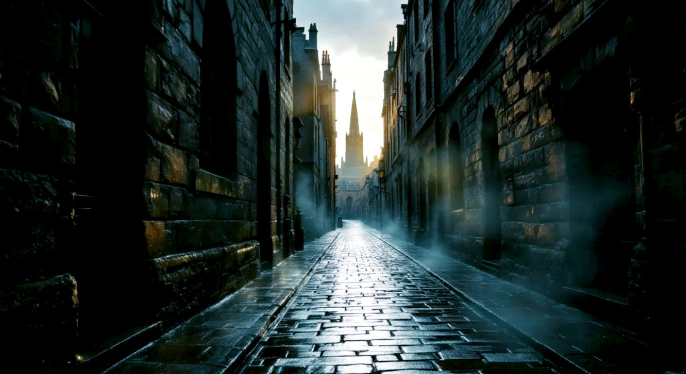 A hyper-realistic, professional photograph in the style of a National Geographic travel feature. The image captures a dramatic, atmospheric view looking down Advocate's Close in Edinburgh's Old Town. The narrow, wet cobblestone alley is framed by ancient, towering stone tenement buildings. At the end of the close, the Scott Monument is perfectly framed and slightly illuminated by the soft, golden light of a setting sun. A faint mist rises from the ground, adding to the moody, historic feel. The lighting is low and contrasted, creating deep shadows and highlighting the texture of the stone. The overall mood is one of timelessness, mystery, and Scottish heritage.