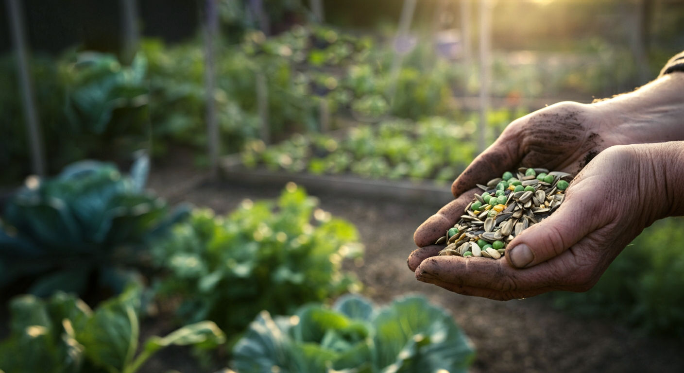 A hyper-realistic, professional photograph in the style of a Gardener's World magazine feature. The image shows a pair of weathered, soil-dusted hands carefully holding a small mound of assorted organic seeds (carrots, peas, sunflowers). In the background, a beautifully lit, lush British allotment garden is slightly out of focus, with rows of healthy green vegetables under soft morning sunlight. The mood is hopeful, natural, and authentic, evoking the promise of a new growing season. The lighting is soft and golden, and the colour palette is rich with earthy tones and vibrant greens.