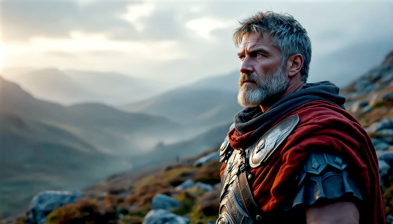 A hyper-realistic, professional photograph in the style of a cinematic historical drama. The image captures a Roman legionary officer, resembling Gnaeus Julius Agricola, standing on a misty, windswept hilltop in the Scottish Highlands. He is middle-aged, with a weathered but determined face, looking out over a dramatic glen at dawn. He wears practical but high-quality Roman armour. The lighting is soft and atmospheric, with the early morning sun breaking through low-lying clouds, creating long shadows and highlighting the texture of the heather and ancient stones. The mood is one of contemplative strategy and the immense, lonely weight of command at the edge of the Roman world. The colour palette is dominated by the greens, greys, and muted browns of the Scottish landscape, evoking a sense of raw, untamed beauty and British heritage.