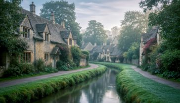 A hyper-realistic, professional photograph in the style of a high-end travel magazine. The subject is Arlington Row in Bibury, Cotswolds, on a bright but slightly overcast morning to avoid harsh shadows. The composition is a classic, slightly low-angle shot looking down the row of iconic weavers' cottages, with the River Coln flowing gently in the foreground. The lighting should be soft and diffused, bringing out the warm, honey-coloured texture of the Cotswold stone. The mood is tranquil, nostalgic, and quintessentially English, with a lush green and grey palette.