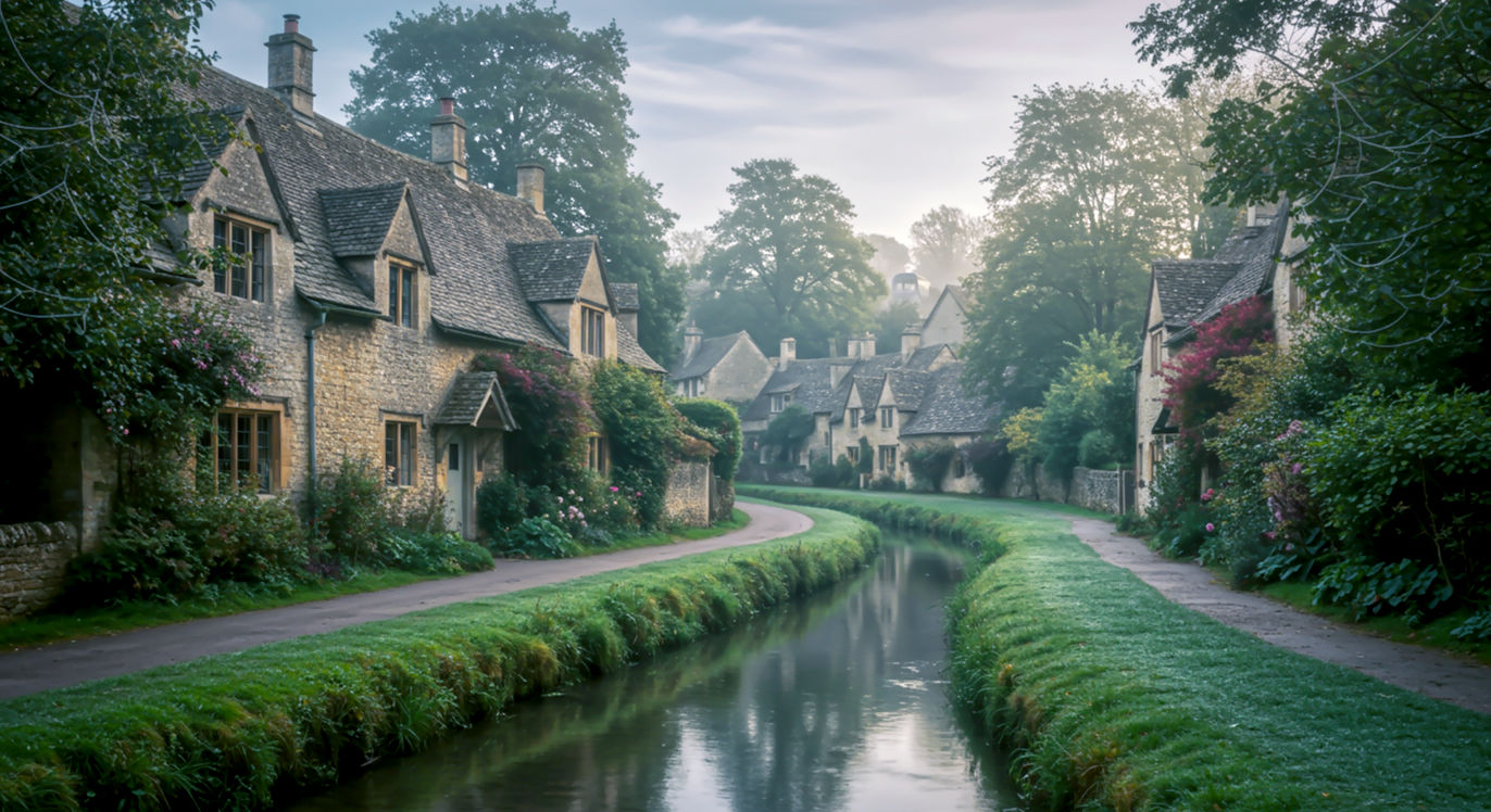 A hyper-realistic, professional photograph in the style of a high-end travel magazine. The subject is Arlington Row in Bibury, Cotswolds, on a bright but slightly overcast morning to avoid harsh shadows. The composition is a classic, slightly low-angle shot looking down the row of iconic weavers' cottages, with the River Coln flowing gently in the foreground. The lighting should be soft and diffused, bringing out the warm, honey-coloured texture of the Cotswold stone. The mood is tranquil, nostalgic, and quintessentially English, with a lush green and grey palette.