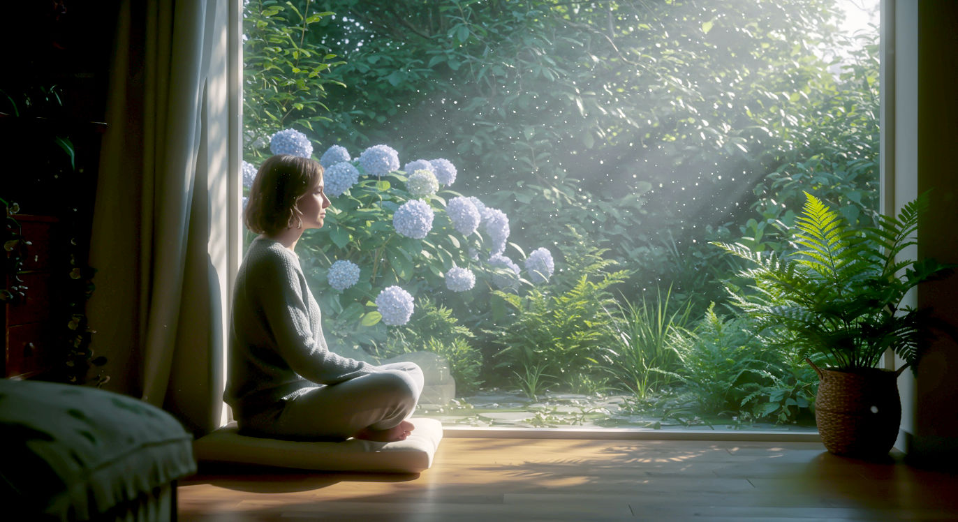 A hyper-realistic photograph capturing a quiet, peaceful moment of meditation in a contemporary British home. A woman in her 30s is sitting comfortably on a cushion on a wooden floor, next to a large window overlooking a lush, slightly damp English garden with ferns and hydrangeas. Soft, diffused morning light streams through the window, illuminating dust motes in the air. She's wearing simple, comfortable loungewear (like a grey cashmere jumper). Her posture is relaxed but upright, and their face shows a serene, focused expression. The overall mood is calm, authentic, and aspirational yet achievable. The style should be reminiscent of a feature in The Guardian's Saturday magazine or Country Living, with a shallow depth of field and a natural, slightly muted colour palette.