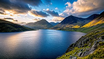 A hyper-realistic, professional photograph capturing the classic, breathtaking view across Wastwater in the Lake District at golden hour. The foreground features the dark, still water of the lake with the infamous screes plunging into it on the right. In the background, the majestic peaks of Great Gable and Scafell Pike are bathed in warm, late-afternoon light, with dramatic clouds breaking to reveal a soft, orange-hued sky. The overall mood is one of profound tranquility, awe, and wild, rugged beauty, in the style of a prestigious landscape photography award winner.