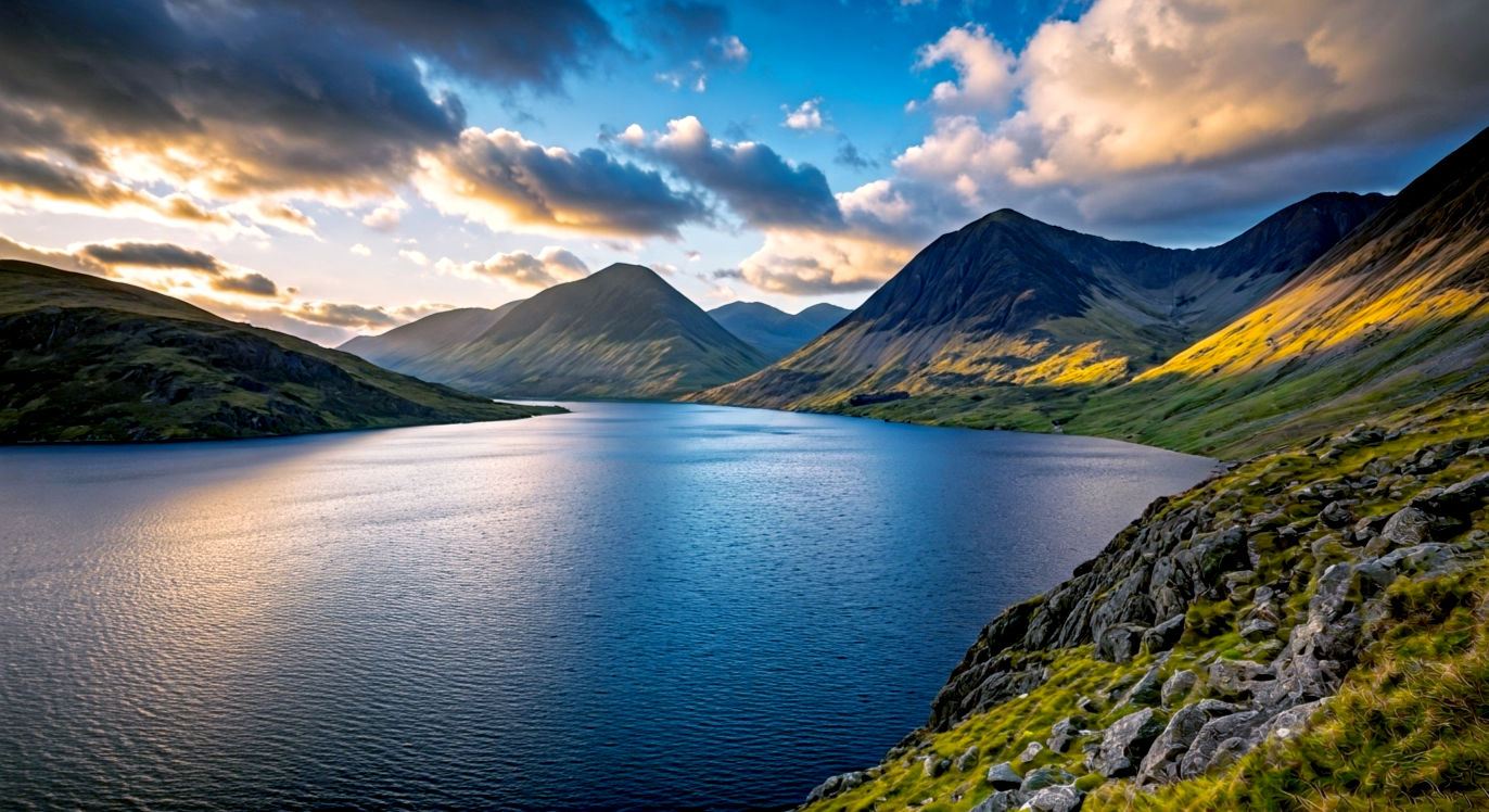 A hyper-realistic, professional photograph capturing the classic, breathtaking view across Wastwater in the Lake District at golden hour. The foreground features the dark, still water of the lake with the infamous screes plunging into it on the right. In the background, the majestic peaks of Great Gable and Scafell Pike are bathed in warm, late-afternoon light, with dramatic clouds breaking to reveal a soft, orange-hued sky. The overall mood is one of profound tranquility, awe, and wild, rugged beauty, in the style of a prestigious landscape photography award winner.