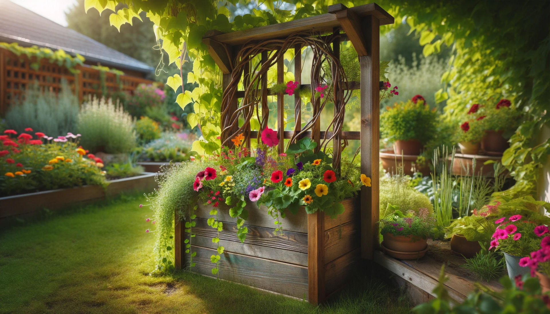 Wooden Planters Trellis: This image depicts a rustic wooden planter with a built-in trellis, filled with vibrant climbing vines and colorful flowers. Set in a small, lush garden corner, it exudes a peaceful and inviting oasis, with sunlight filtering through the leaves. The background provides a glimpse of a harmonious garden setting.
