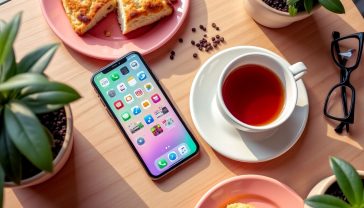A hyper-realistic, professional photograph capturing the theme of daily life transformed by technology, with a subtle British feel. The image shows a top-down view of a rustic wooden coffee shop table. On the table sits a modern smartphone displaying a colourful grid of stylised, recognisable app icons (maps, music, messaging). Next to the phone is a classic cup of tea in a ceramic mug, a half-eaten scone, and a pair of reading glasses. The lighting is soft and natural, coming from a nearby window, creating a warm, inviting, and slightly nostalgic mood. The composition is clean and balanced, evoking a sense of calm and everyday integration of technology.