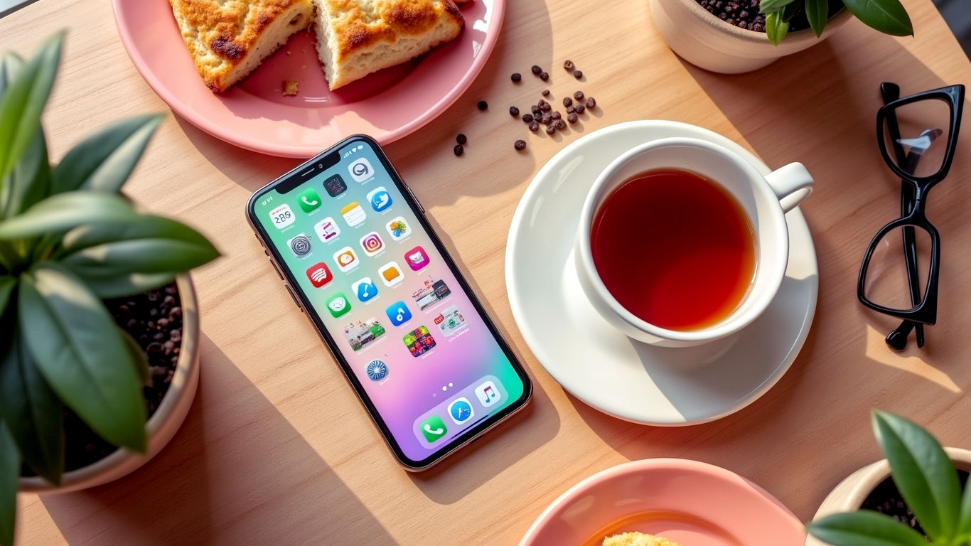 A hyper-realistic, professional photograph capturing the theme of daily life transformed by technology, with a subtle British feel. The image shows a top-down view of a rustic wooden coffee shop table. On the table sits a modern smartphone displaying a colourful grid of stylised, recognisable app icons (maps, music, messaging). Next to the phone is a classic cup of tea in a ceramic mug, a half-eaten scone, and a pair of reading glasses. The lighting is soft and natural, coming from a nearby window, creating a warm, inviting, and slightly nostalgic mood. The composition is clean and balanced, evoking a sense of calm and everyday integration of technology.