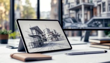 A hyper-realistic photograph capturing the desk of a modern British architect. The style is clean and minimalist, reminiscent of a Dezeen feature. The main focus is a tablet (like an iPad Pro) displaying a fluid, complex architectural sketch in an app like Morpholio Trace, with the Apple Pencil resting beside it. In the background, slightly out of focus, is a large computer monitor showing a detailed BIM model in Revit, hinting at the progression from concept to technical design. A classic Moleskine notebook and a stylish Lamy fountain pen are placed neatly to one side, bridging the gap between traditional and digital tools. The lighting is soft and natural, coming from a large window overlooking a contemporary London street scene. The overall mood is one of focused creativity, precision, and innovation.
