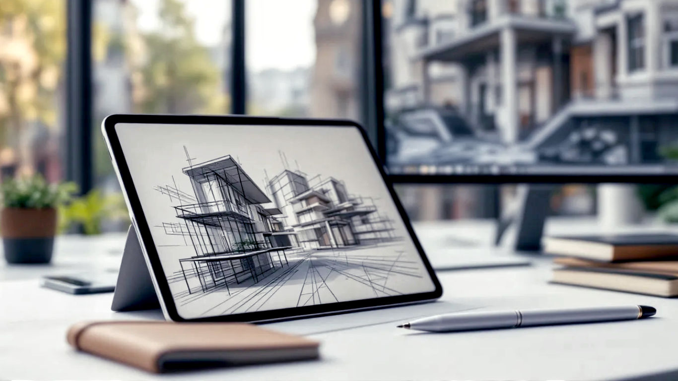 A hyper-realistic photograph capturing the desk of a modern British architect. The style is clean and minimalist, reminiscent of a Dezeen feature. The main focus is a tablet (like an iPad Pro) displaying a fluid, complex architectural sketch in an app like Morpholio Trace, with the Apple Pencil resting beside it. In the background, slightly out of focus, is a large computer monitor showing a detailed BIM model in Revit, hinting at the progression from concept to technical design. A classic Moleskine notebook and a stylish Lamy fountain pen are placed neatly to one side, bridging the gap between traditional and digital tools. The lighting is soft and natural, coming from a large window overlooking a contemporary London street scene. The overall mood is one of focused creativity, precision, and innovation.