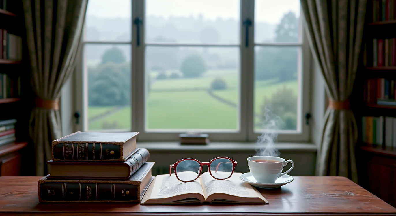 A hyper-realistic photograph in the style of a prestigious literary magazine. An old, beautifully crafted wooden desk sits in front of a bay window overlooking a misty, green English countryside. On the desk lies a stack of classic, leather-bound books, their titles subtly hinting at Shakespeare, Austen, and Dickens. A pair of antique reading glasses rests on an open page, next to a steaming cup of tea in a fine china cup. The lighting is soft and natural, coming from the window, creating a warm, nostalgic, and scholarly mood that evokes the rich heritage of British literature.