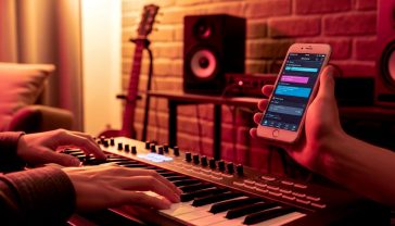 A hyper-realistic, professional photograph in the style of a modern music magazine feature. The image shows the hands of a young musician in a cosy, softly lit home studio in the UK. One hand rests on a MIDI keyboard, while the other holds a smartphone displaying a colourful music production app interface. In the background, a guitar is propped against a brick wall, and a pair of studio monitor speakers are slightly out of focus. The lighting is warm and golden, creating an atmosphere of creativity and focus, evoking a sense of modern, accessible music creation.