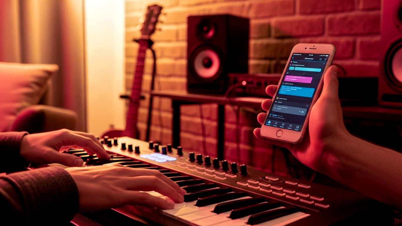 A hyper-realistic, professional photograph in the style of a modern music magazine feature. The image shows the hands of a young musician in a cosy, softly lit home studio in the UK. One hand rests on a MIDI keyboard, while the other holds a smartphone displaying a colourful music production app interface. In the background, a guitar is propped against a brick wall, and a pair of studio monitor speakers are slightly out of focus. The lighting is warm and golden, creating an atmosphere of creativity and focus, evoking a sense of modern, accessible music creation.