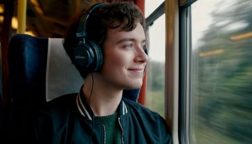 A hyper-realistic, professional photograph capturing the joy of offline music in a classic British setting. A young person in their early 20s, wearing stylish headphones (like Bose or Sony), is sitting on a Chiltern Railways train, looking out of the window at the beautiful, green English countryside rolling by. They have a subtle, happy expression. The lighting is soft and natural, streaming through the train window, creating a warm and slightly nostalgic mood. The composition is a medium shot, focusing on the person but keeping the quintessentially British train interior and scenery clearly visible. The overall aesthetic is clean, modern, and relatable, in the style of a high-end lifestyle magazine.