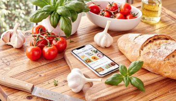 A hyper-realistic, professional photograph in the style of a top food magazine. A modern British kitchen scene with soft, natural light coming from a window. On a rustic wooden worktop, a smartphone is open to a colourful, appealing recipe app interface. Surrounding the phone are fresh, vibrant ingredients like heritage tomatoes, a bunch of basil, a head of garlic, and a loaf of sourdough bread, suggesting a delicious meal is about to be prepared. The mood is bright, inspiring, and aspirational, evoking the joy of modern home cooking.