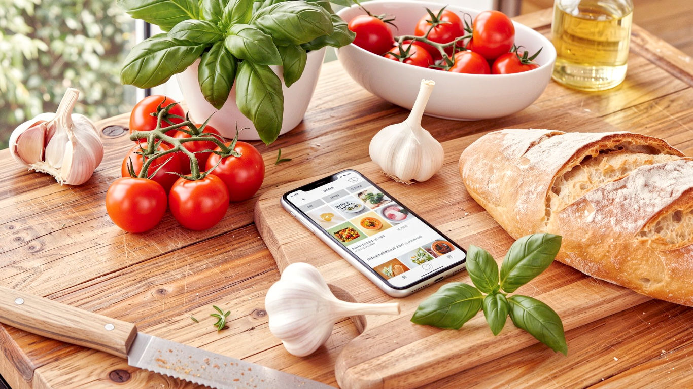 A hyper-realistic, professional photograph in the style of a top food magazine. A modern British kitchen scene with soft, natural light coming from a window. On a rustic wooden worktop, a smartphone is open to a colourful, appealing recipe app interface. Surrounding the phone are fresh, vibrant ingredients like heritage tomatoes, a bunch of basil, a head of garlic, and a loaf of sourdough bread, suggesting a delicious meal is about to be prepared. The mood is bright, inspiring, and aspirational, evoking the joy of modern home cooking.