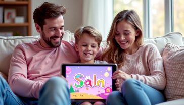 A hyper-realistic, professional photograph showing a cheerful British family of three sitting together on a comfy sofa in a bright, modern living room. The 9-year-old child in the middle is enthusiastically using a tablet that displays a colourful and engaging spelling game. The parents are looking on with warm, proud smiles. The lighting is soft and natural, coming from a large window. The mood is happy, educational, and aspirational, capturing the joy of learning with technology at home. Style of a high-end magazine feature.