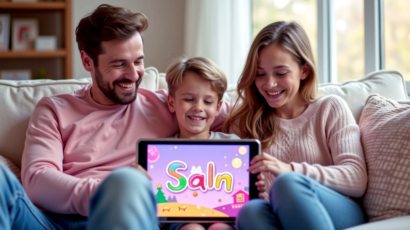 A hyper-realistic, professional photograph showing a cheerful British family of three sitting together on a comfy sofa in a bright, modern living room. The 9-year-old child in the middle is enthusiastically using a tablet that displays a colourful and engaging spelling game. The parents are looking on with warm, proud smiles. The lighting is soft and natural, coming from a large window. The mood is happy, educational, and aspirational, capturing the joy of learning with technology at home. Style of a high-end magazine feature.