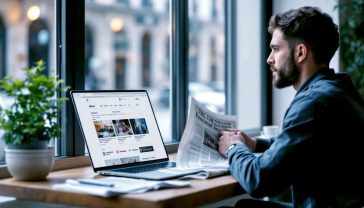 A hyper-realistic, professional photograph in the style of a modern documentary. The image shows a thoughtful person in their early 30s sitting in a bright, contemporary British café with a laptop and a newspaper. On the laptop screen, the logos of several of the featured news sites (like UnHerd, Bellingcat, Tortoise) are subtly visible as open browser tabs. The newspaper on the table is a generic mainstream broadsheet, folded to show a headline about a complex political issue. The person is looking out of the window, deep in thought, with a slightly curious and engaged expression. The lighting is soft and natural, coming through the large café window, creating a mood of calm, intelligent reflection. The composition is a medium shot, focusing on the person and their media consumption, suggesting the idea of building a wider perspective.