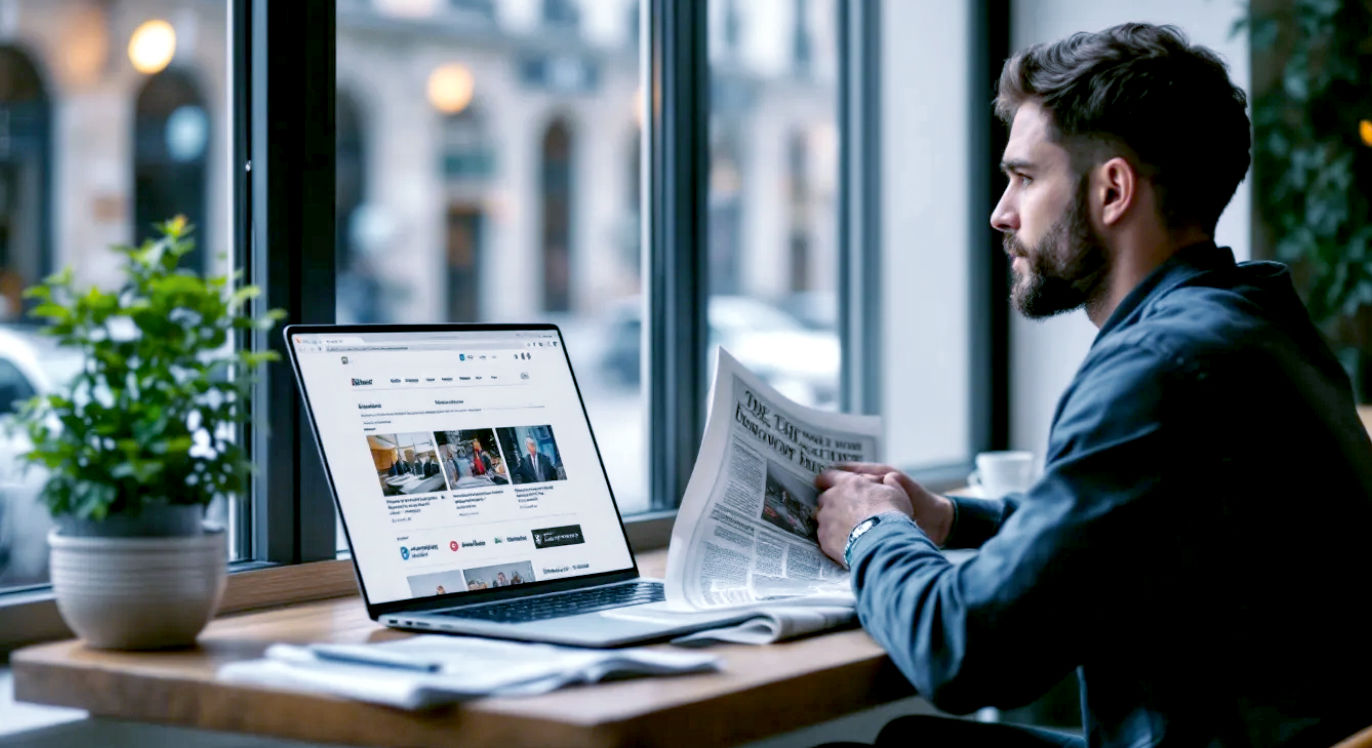 A hyper-realistic, professional photograph in the style of a modern documentary. The image shows a thoughtful person in their early 30s sitting in a bright, contemporary British café with a laptop and a newspaper. On the laptop screen, the logos of several of the featured news sites (like UnHerd, Bellingcat, Tortoise) are subtly visible as open browser tabs. The newspaper on the table is a generic mainstream broadsheet, folded to show a headline about a complex political issue. The person is looking out of the window, deep in thought, with a slightly curious and engaged expression. The lighting is soft and natural, coming through the large café window, creating a mood of calm, intelligent reflection. The composition is a medium shot, focusing on the person and their media consumption, suggesting the idea of building a wider perspective.