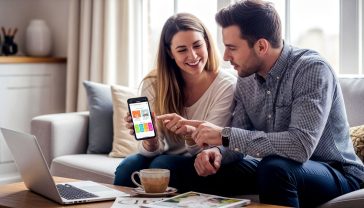 A hyper-realistic, professional photograph showing a joyful, modern British couple in their late 20s sitting on a comfy sofa in a bright, stylish living room. The woman is holding a smartphone displaying a colourful wedding planning app interface, and she is pointing at the screen, smiling at her partner. The man is looking at the phone with an engaged, happy expression. On the coffee table in front of them is a laptop, a mug of tea, and a few wedding magazines. The lighting is soft and natural, coming from a large window. The mood is relaxed, happy, and collaborative, perfectly capturing the theme of stress-free, modern wedding planning. The style should be reminiscent of a feature in The Sunday Times Style magazine.