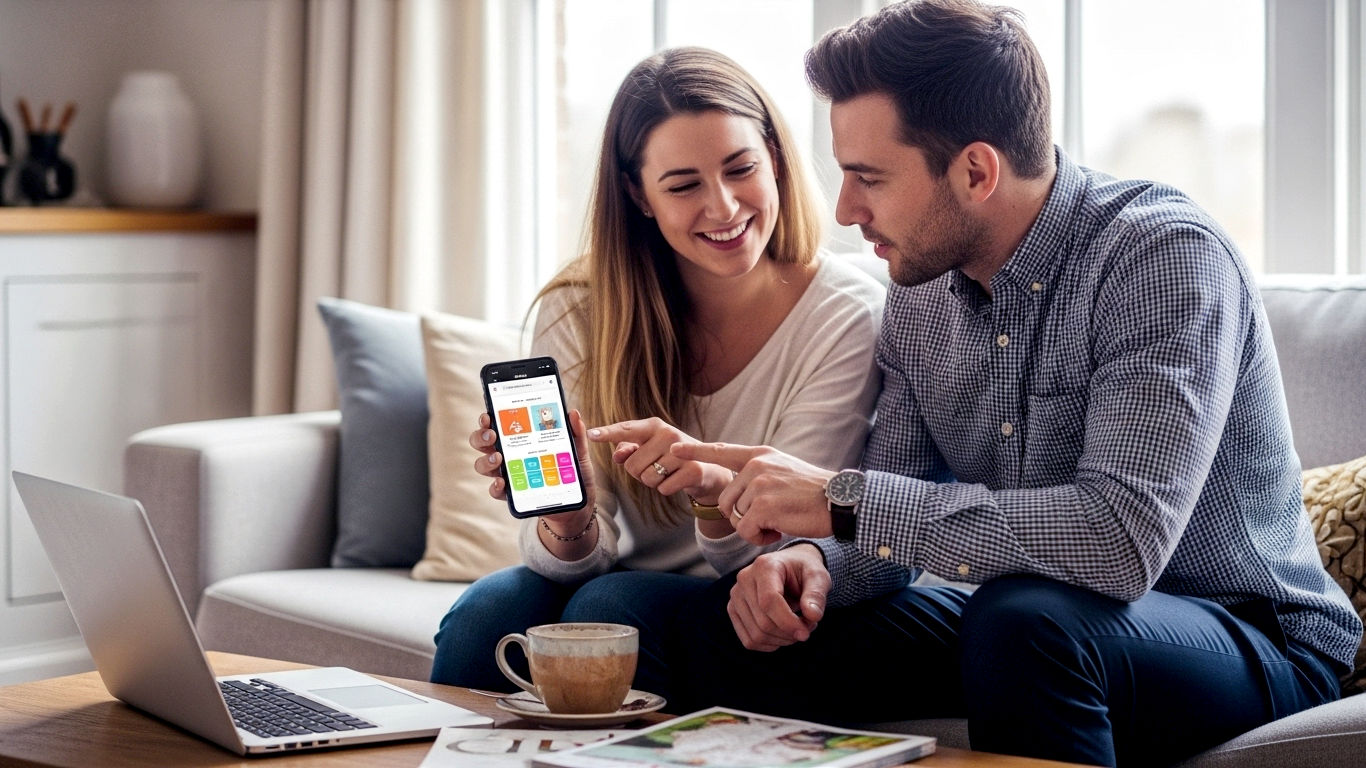 A hyper-realistic, professional photograph showing a joyful, modern British couple in their late 20s sitting on a comfy sofa in a bright, stylish living room. The woman is holding a smartphone displaying a colourful wedding planning app interface, and she is pointing at the screen, smiling at her partner. The man is looking at the phone with an engaged, happy expression. On the coffee table in front of them is a laptop, a mug of tea, and a few wedding magazines. The lighting is soft and natural, coming from a large window. The mood is relaxed, happy, and collaborative, perfectly capturing the theme of stress-free, modern wedding planning. The style should be reminiscent of a feature in The Sunday Times Style magazine.