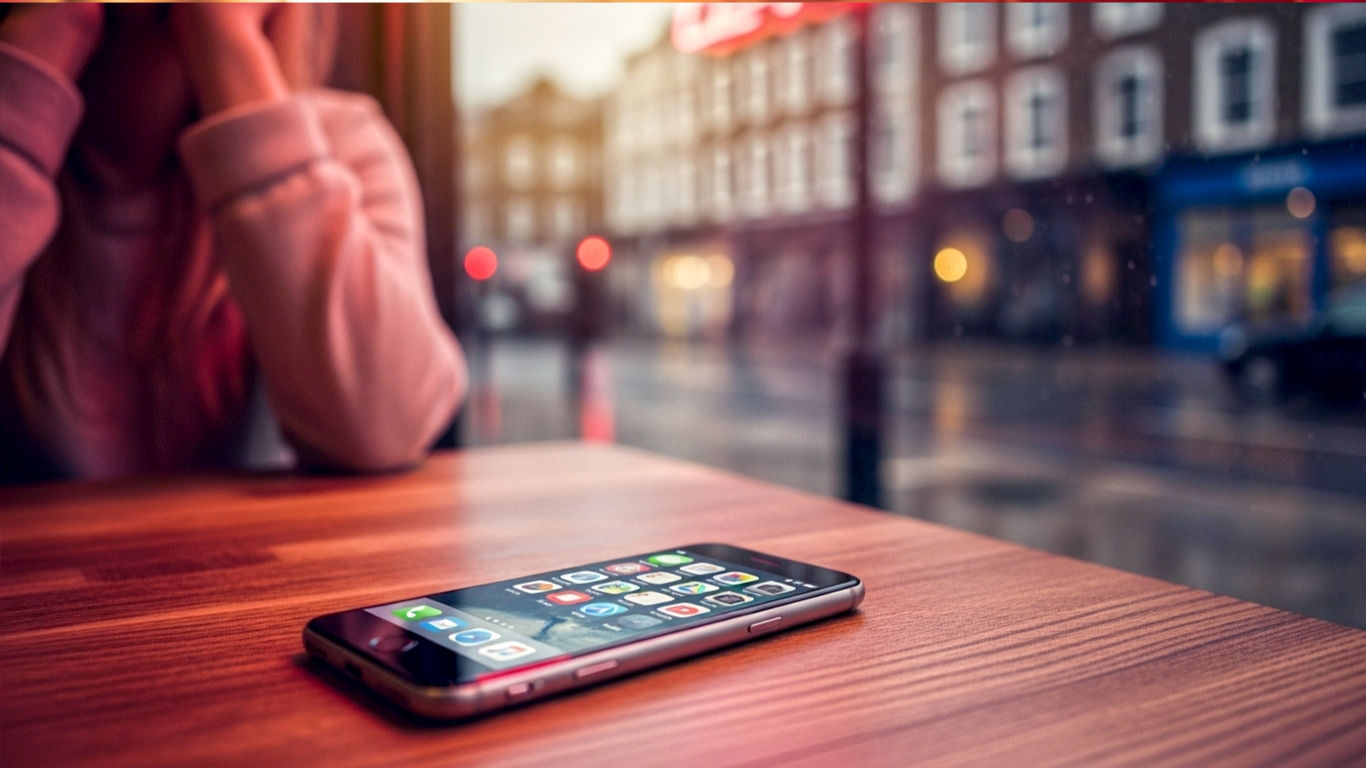 A hyper-realistic, professional photograph in the style of a modern tech magazine. The image shows a sleek, new iPhone resting on a rustic wooden table in a cosy, well-lit British café. On the screen, the icons of the 10 featured apps (Google Maps, Spotify, WhatsApp, Instagram, etc.) are arranged neatly in a grid. The background is softly blurred, showing a window with a typical rainy London street scene outside. The lighting is warm and inviting, creating a mood that is both modern and quintessentially British.