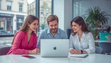 A hyper-realistic, professional photograph in the style of a top-tier business magazine. The image shows a group of three small business owners in a bright, modern London co-working space, collaboratively looking at a laptop screen displaying a clean, visually appealing email marketing dashboard with positive engagement charts. The mood is optimistic, focused, and professional. The lighting is soft and natural, coming from a large window overlooking a subtly blurred London street scene. The colour palette is a mix of muted professional tones (greys, blues) with pops of a vibrant brand colour (like teal or coral) on the screen and in the office decor, evoking a sense of modern British entrepreneurship and digital success.