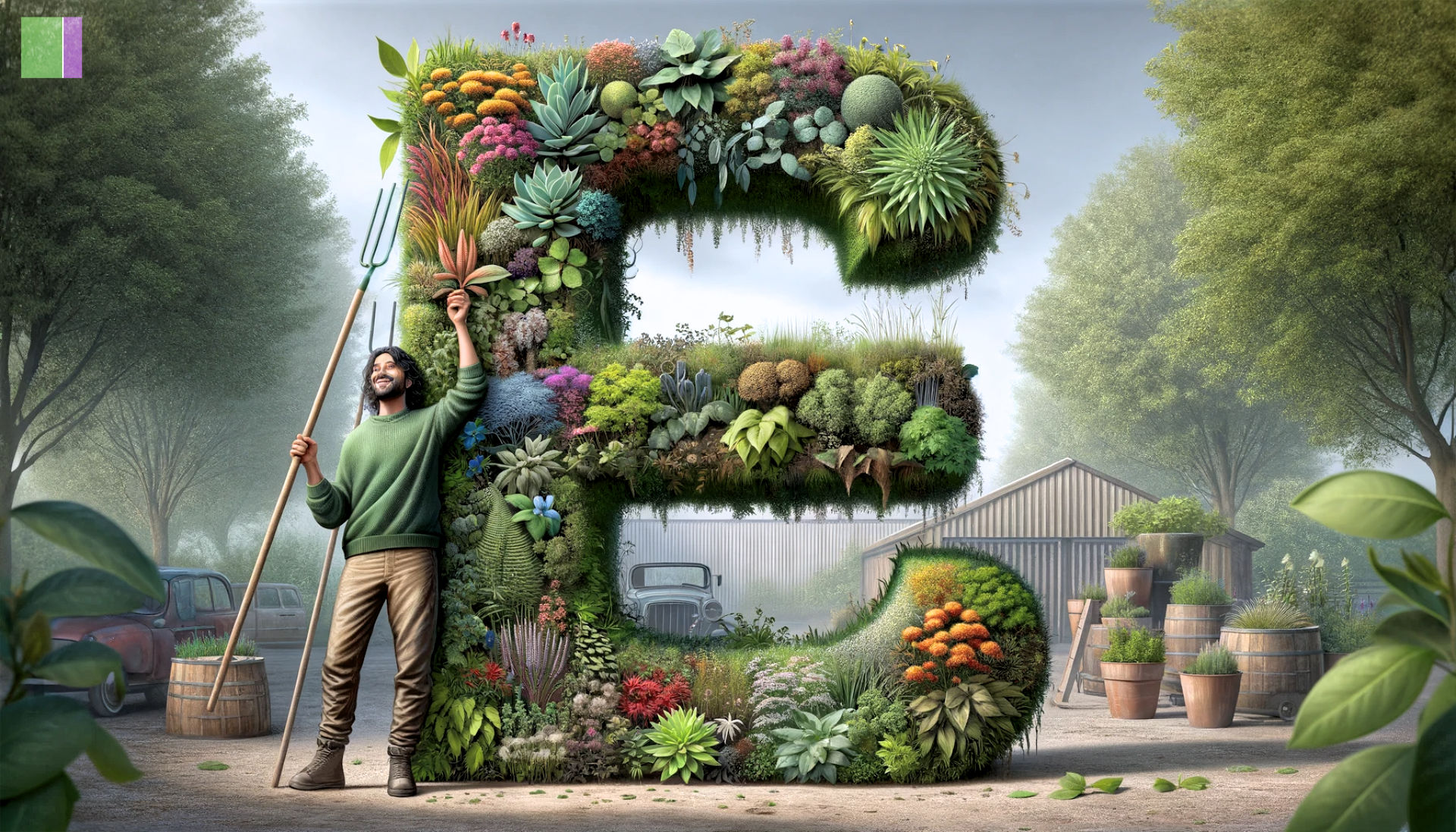 It shows a gardener, of South Asian descent and gender-neutral, holding a large, artistically composed letter 'E' made of various plants that start with 'E'. The realistic style of the image, combined with the detailed representation of the plants and the garden setting, aims to impress the readers with its visual quality and creativity. This image serves as a compelling visual introduction to your article, highlighting the diversity and beauty of plants starting with the letter 'E'. The signature green and purple square Fresh Kit Icon serves as a watermark in the top left corner.