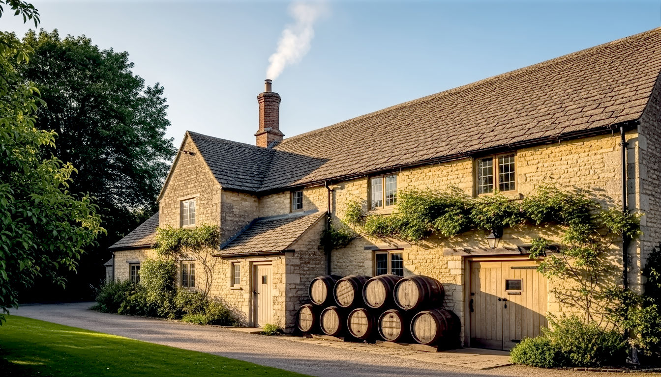 The subject is a historic, honey-coloured stone brewery in the Cotswolds, with a traditional slate roof and a gently smoking chimney. Old wooden beer barrels are stacked neatly by a large oak door. The scene is bathed in the warm, soft light of late afternoon (golden hour), creating long shadows. The mood is one of timeless craftsmanship, heritage, and rural tranquillity. The composition is a wide shot, capturing the building nestled in the lush, green English countryside.