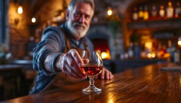 A hyper-realistic, professional photograph in the style of a high-end travel magazine. The scene is a cosy, rustic Scottish pub tasting room in the late afternoon. A seasoned, friendly-looking distillery worker with weathered hands is sliding a Glencairn tasting glass of amber-coloured single malt whisky across a dark oak bar top towards the viewer. In the background, a stone wall with a softly glowing fireplace is visible, alongside shelves holding a curated selection of authentic Scotch whisky bottles. The lighting is warm and golden, catching the rich colour of the whisky and creating a welcoming, authoritative, and deeply Scottish atmosphere. The mood is one of tradition, craftsmanship, and quiet warmth.