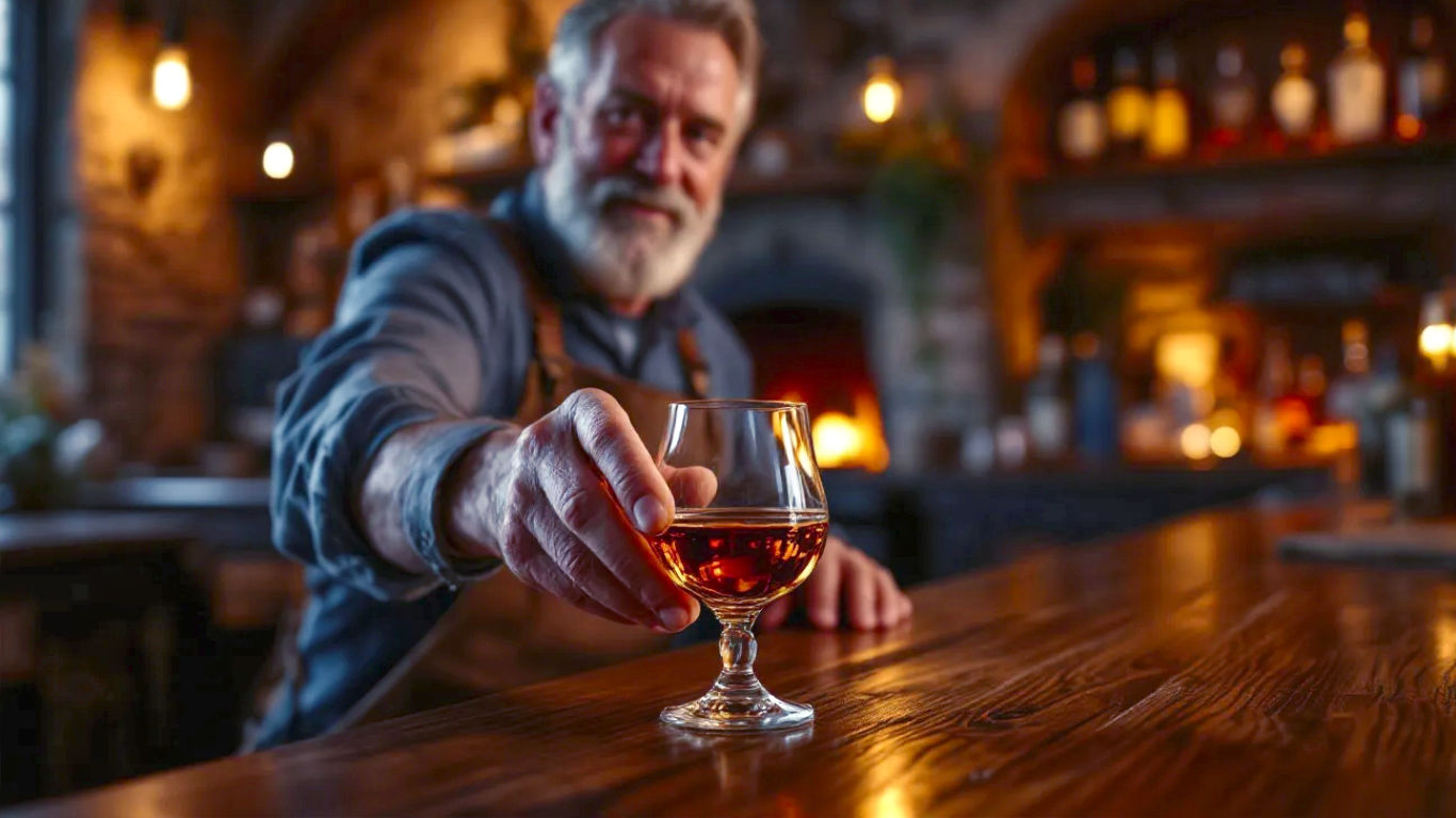 A hyper-realistic, professional photograph in the style of a high-end travel magazine. The scene is a cosy, rustic Scottish pub tasting room in the late afternoon. A seasoned, friendly-looking distillery worker with weathered hands is sliding a Glencairn tasting glass of amber-coloured single malt whisky across a dark oak bar top towards the viewer. In the background, a stone wall with a softly glowing fireplace is visible, alongside shelves holding a curated selection of authentic Scotch whisky bottles. The lighting is warm and golden, catching the rich colour of the whisky and creating a welcoming, authoritative, and deeply Scottish atmosphere. The mood is one of tradition, craftsmanship, and quiet warmth.