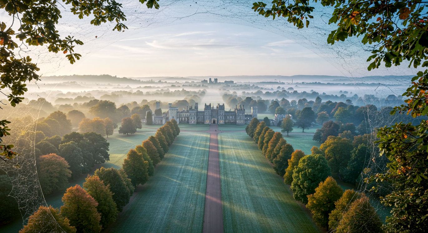 A hyper-realistic, professional photograph in the style of a feature for Country Life magazine. The view is an aerial shot on a soft, slightly misty autumn morning, looking across Windsor Great Park. The composition balances grand architecture with the natural, rolling landscape of British parkland. The lighting is the gentle, diffused light of early morning, creating a serene and timeless mood that evokes heritage, privacy, and regal splendour.