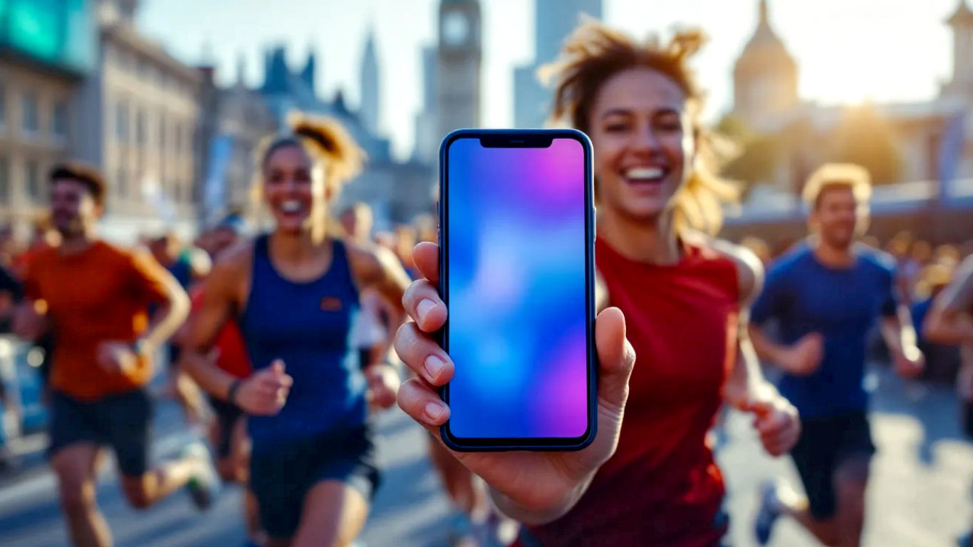 A hyper-realistic, professional photograph capturing the excitement of a 10K race in a British city, like London or Manchester. A diverse group of runners, mid-stride, show expressions of determination and joy. In the foreground, a runner's hand holds a smartphone displaying a running app's vibrant interface. The lighting is bright and energetic, with a slightly blurred background of city landmarks and cheering crowds, creating a dynamic and inspiring mood.