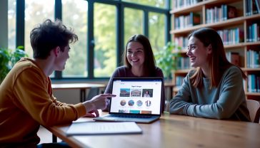 A hyper-realistic photograph in the style of a modern, clean university prospectus. The image shows a bright, diverse group of three students sitting around a polished wooden table in a contemporary library with large windows overlooking a leafy campus. One student is pointing at a laptop screen displaying a clean, modern library website interface, while the others look on, engaged and smiling. The lighting is soft and natural, creating a warm, collaborative, and studious atmosphere. The overall mood is positive, modern, and focused on learning.