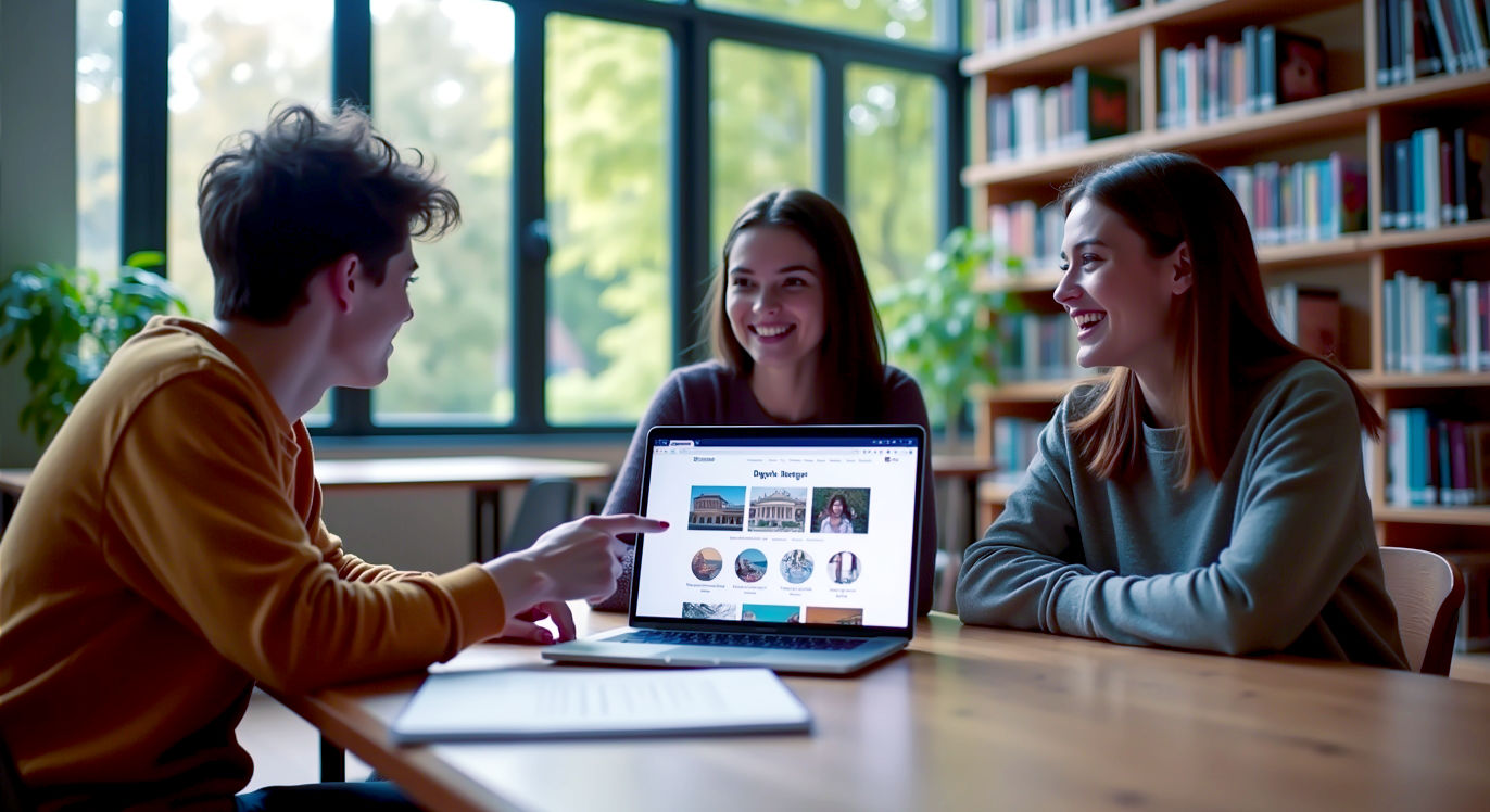 A hyper-realistic photograph in the style of a modern, clean university prospectus. The image shows a bright, diverse group of three students sitting around a polished wooden table in a contemporary library with large windows overlooking a leafy campus. One student is pointing at a laptop screen displaying a clean, modern library website interface, while the others look on, engaged and smiling. The lighting is soft and natural, creating a warm, collaborative, and studious atmosphere. The overall mood is positive, modern, and focused on learning.