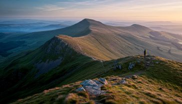 A hyper-realistic, professional photograph in the style of a National Geographic feature. The shot captures the iconic, sweeping ridgeline of Pen y Fan and Corn Du in Bannau Brycheiniog (the Brecon Beacons) at sunrise. The low, golden-hour light catches the rust-red colour of the Old Red Sandstone, while a light mist clings to the deep, glacially-carved valleys below. A lone hiker with a backpack stands on the summit, looking out at the epic Welsh landscape. The overall mood is wild, majestic, and inspiring, with a crisp, clear atmosphere and a vibrant, natural colour palette.