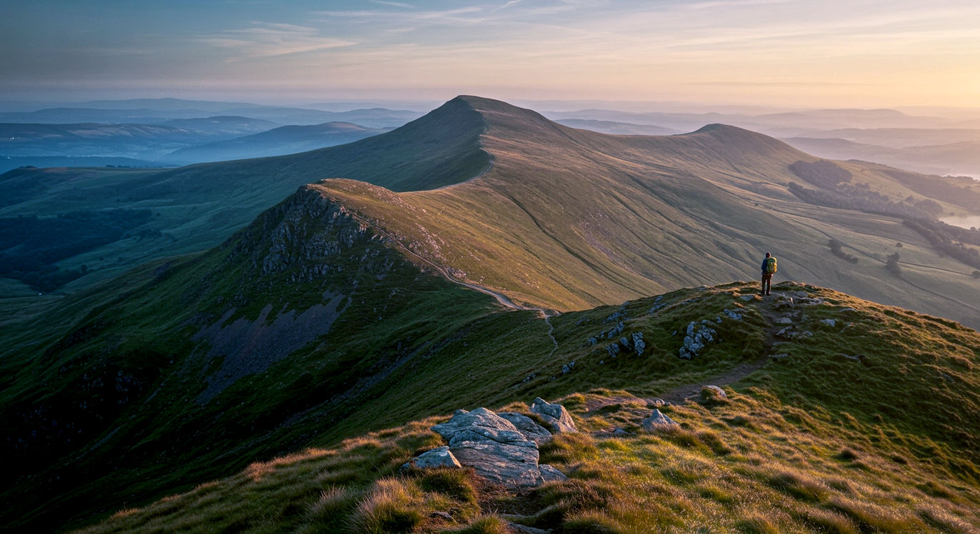 A hyper-realistic, professional photograph in the style of a National Geographic feature. The shot captures the iconic, sweeping ridgeline of Pen y Fan and Corn Du in Bannau Brycheiniog (the Brecon Beacons) at sunrise. The low, golden-hour light catches the rust-red colour of the Old Red Sandstone, while a light mist clings to the deep, glacially-carved valleys below. A lone hiker with a backpack stands on the summit, looking out at the epic Welsh landscape. The overall mood is wild, majestic, and inspiring, with a crisp, clear atmosphere and a vibrant, natural colour palette.