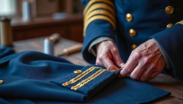 A hyper-realistic, professional photograph in the style of a high-end magazine feature. An elderly artisan's hands, worn with experience, are carefully stitching gold thread onto the cuff of a dark blue military tunic. The workshop is softly lit, with spools of thread and traditional tailoring tools visible but blurred in the background. The mood is one of quiet dignity, immense skill, and timeless British heritage.
