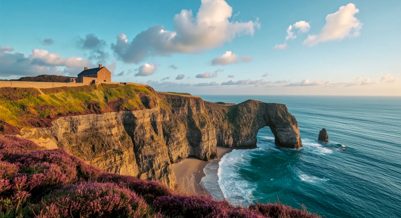 A breathtaking, hyper-realistic photograph capturing the essence of the coastline of Cornwall, England, in the style of a National Geographic feature. The scene is the iconic view of Wheal Coates tin mine engine house perched dramatically on the edge of vibrant, heather-clad cliffs near St Agnes. It's late afternoon, and the golden-hour sun casts long shadows, illuminating the turquoise Atlantic waves crashing against the rocks below. The sky is a sweep of soft blues and warm oranges, with a few wispy clouds. The composition is wide, emphasising the vastness of the landscape and the rugged, timeless beauty of the scene, evoking a sense of British heritage and wild, natural splendour.